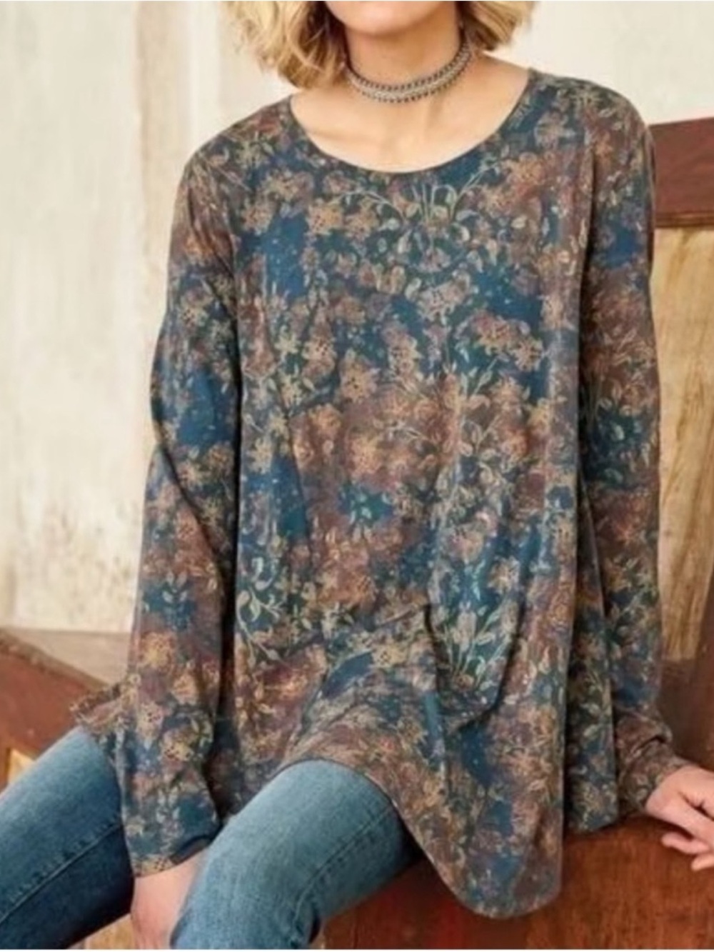 Peruvian Connection Twilight Meadow Tunic Top Size S/M Blue Floral Pima Modal